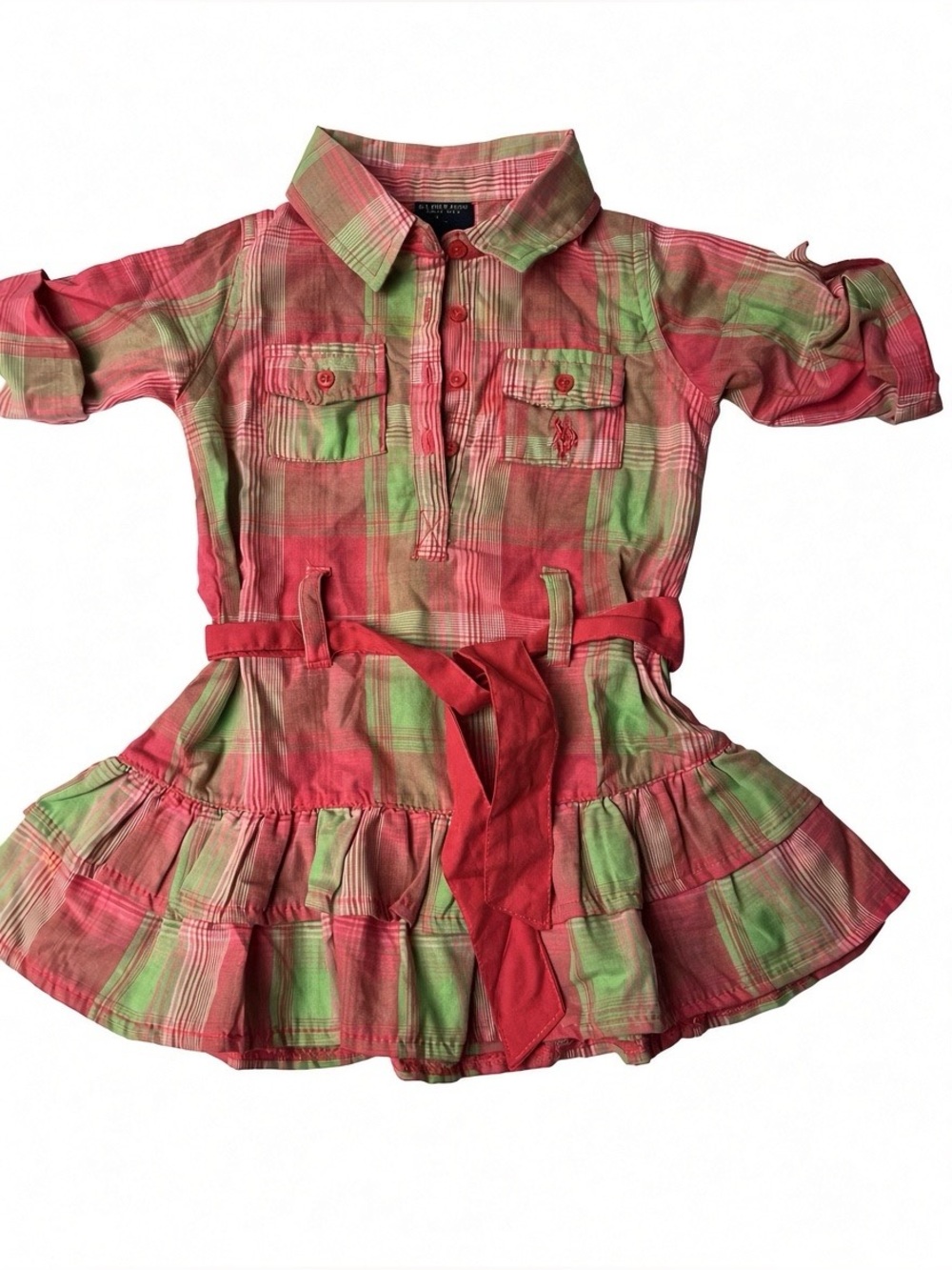 U.S. Polo Assn. Pink and Light Green Plaid Girls Dress 24 Months 2T Onesie Rompe